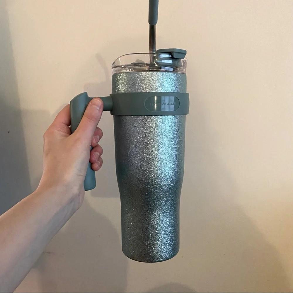 HydraGear Sparkly Aqua Blue Tumbler Cup with Metal Straw and Handle